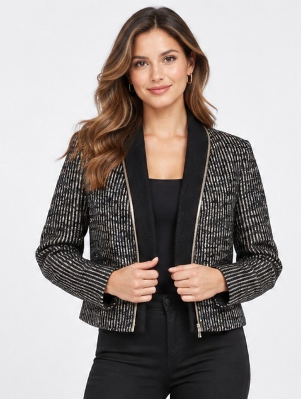 Sandro Paris Black Metallic-Thread Tweed Blazer with Ziper Detail Size 36